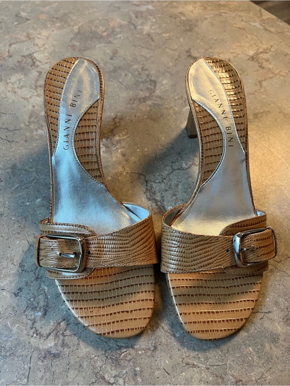 Gianni Bini Brown Textured Buckle Slide Mules